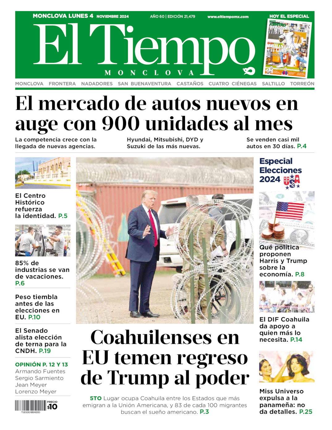 Edición impresa: Portada del lunes 04 de noviembre de 2024, El Tiempo de <strong>Monclova</strong>