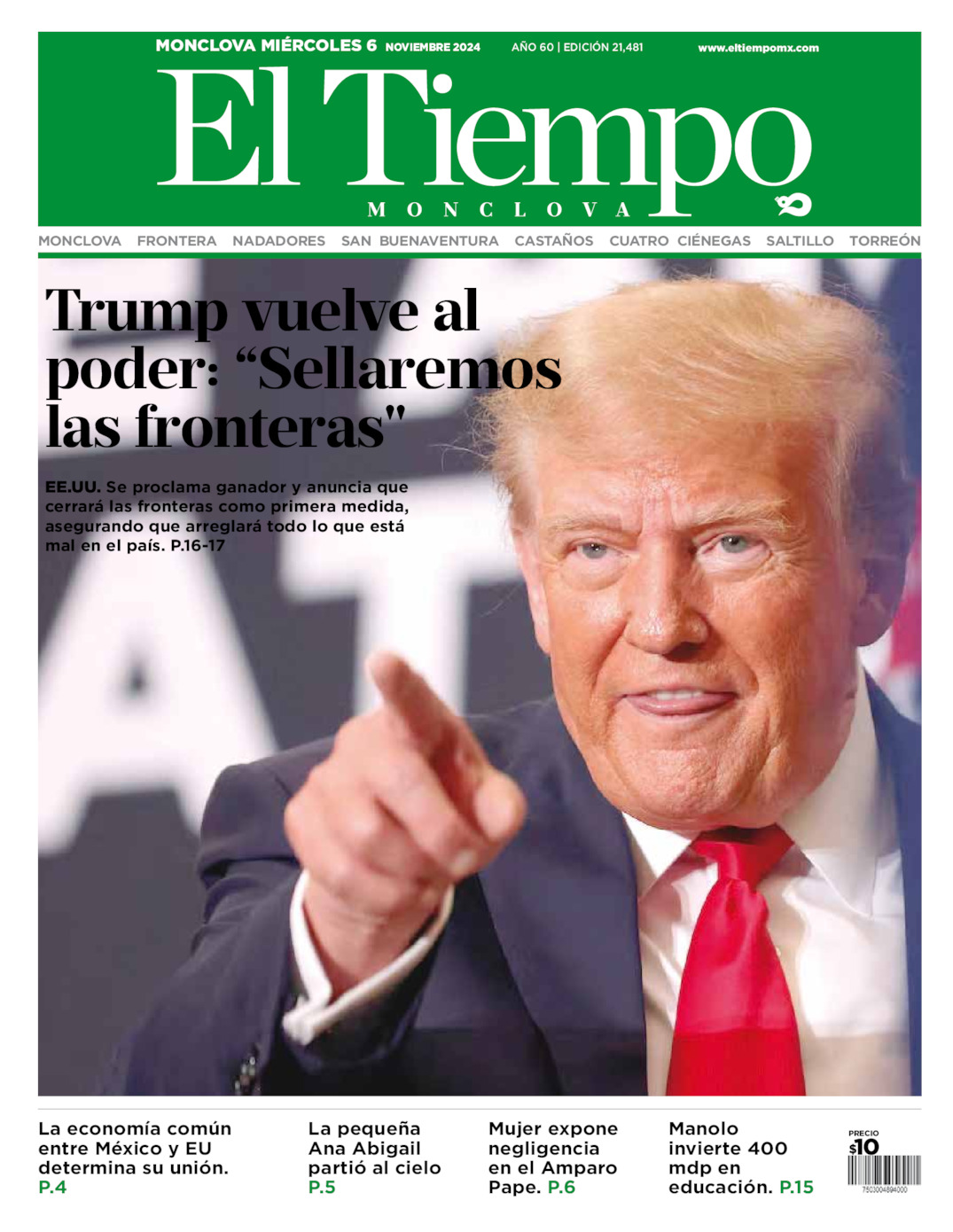 Edición impresa: Portada del miércoles 06 de noviembre de 2024, El Tiempo de <strong>Monclova</strong>