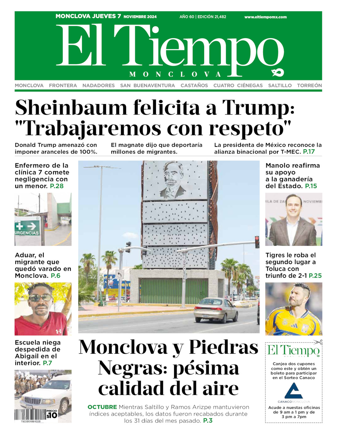 Edición impresa: Portada del jueves 07 de noviembre de 2024, El Tiempo de <strong>Monclova</strong>