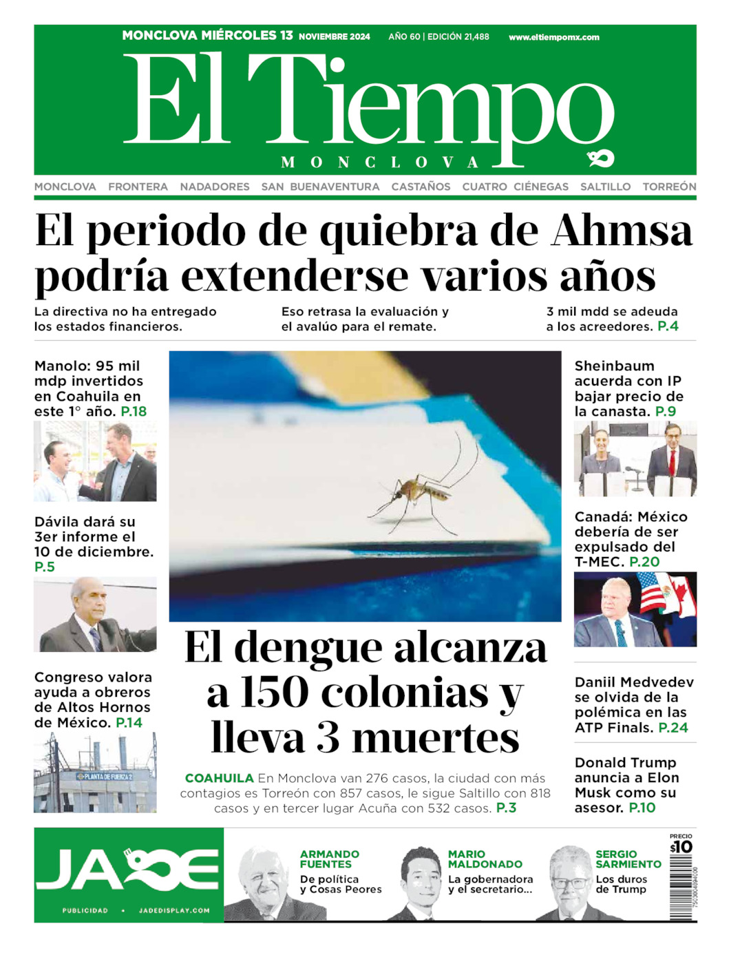 Edición impresa: Portada del miércoles 13 de noviembre de 2024, El Tiempo de <strong>Monclova</strong>