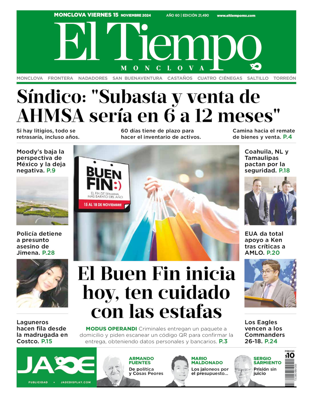 Edición impresa: Portada del viernes 15 de noviembre de 2024, El Tiempo de <strong>Monclova</strong>