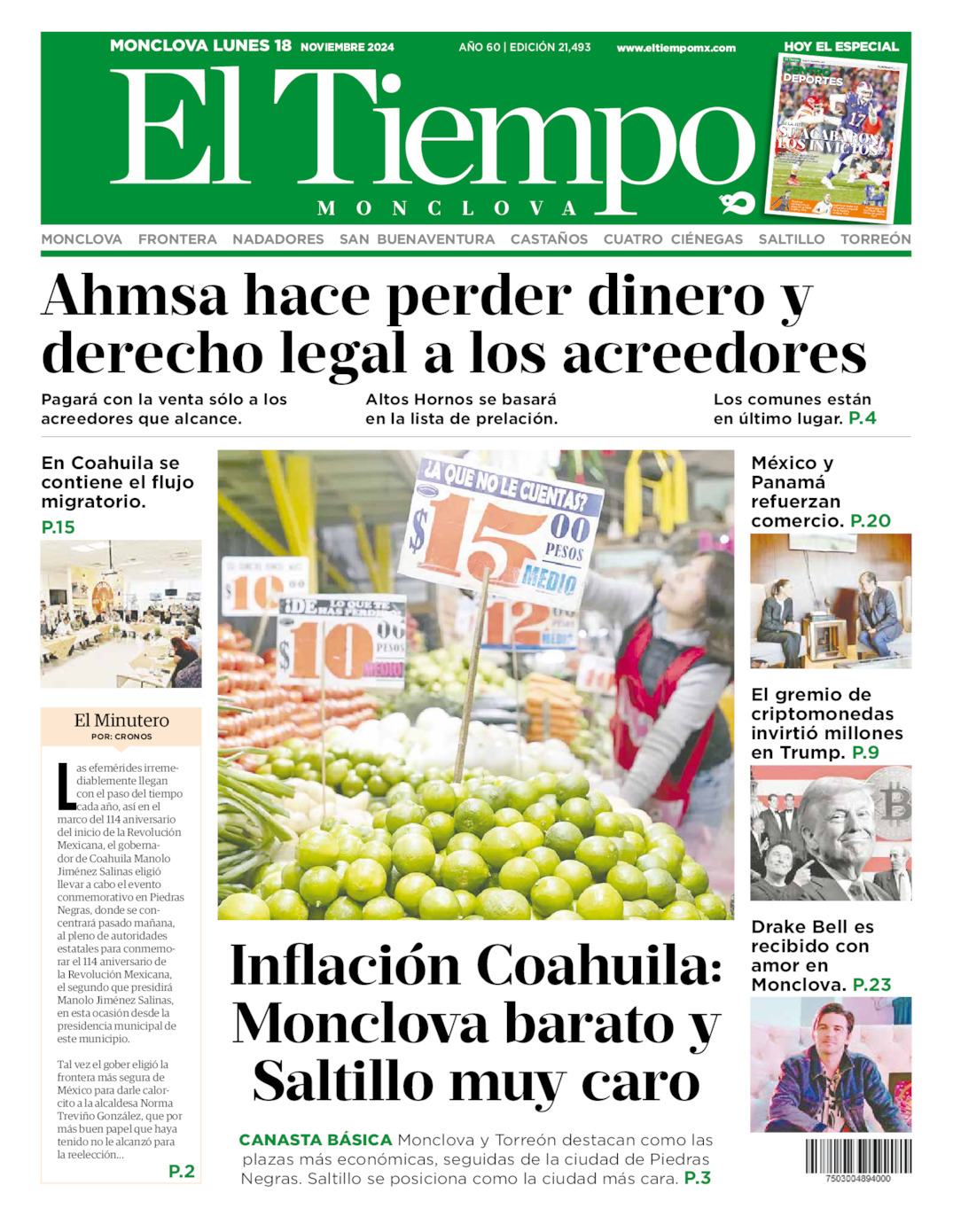 Edición impresa: Portada del lunes 18 de noviembre de 2024, El Tiempo de <strong>Monclova</strong>