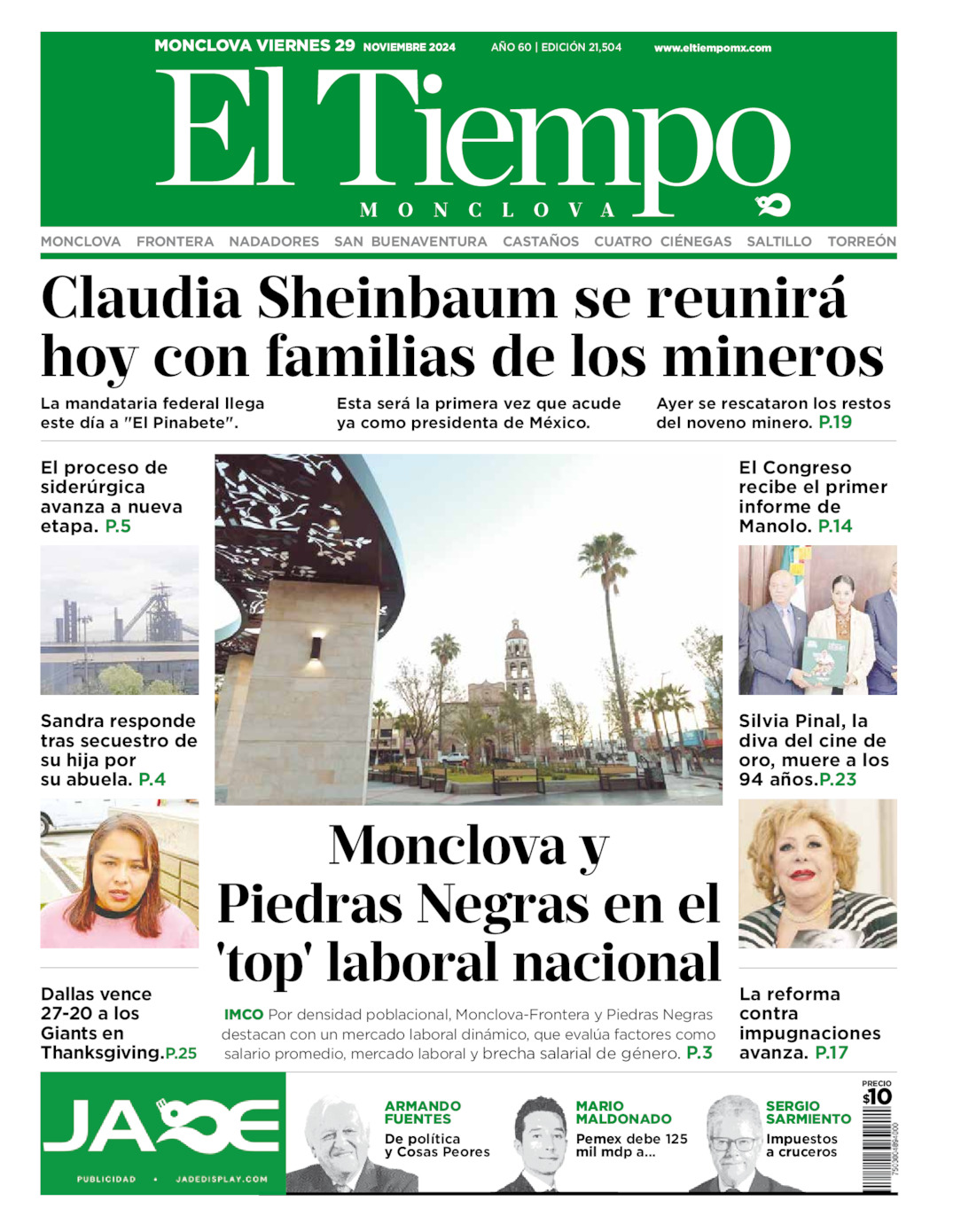 Edición impresa: Portada del viernes 29 de noviembre de 2024, El Tiempo de <strong>Monclova</strong>