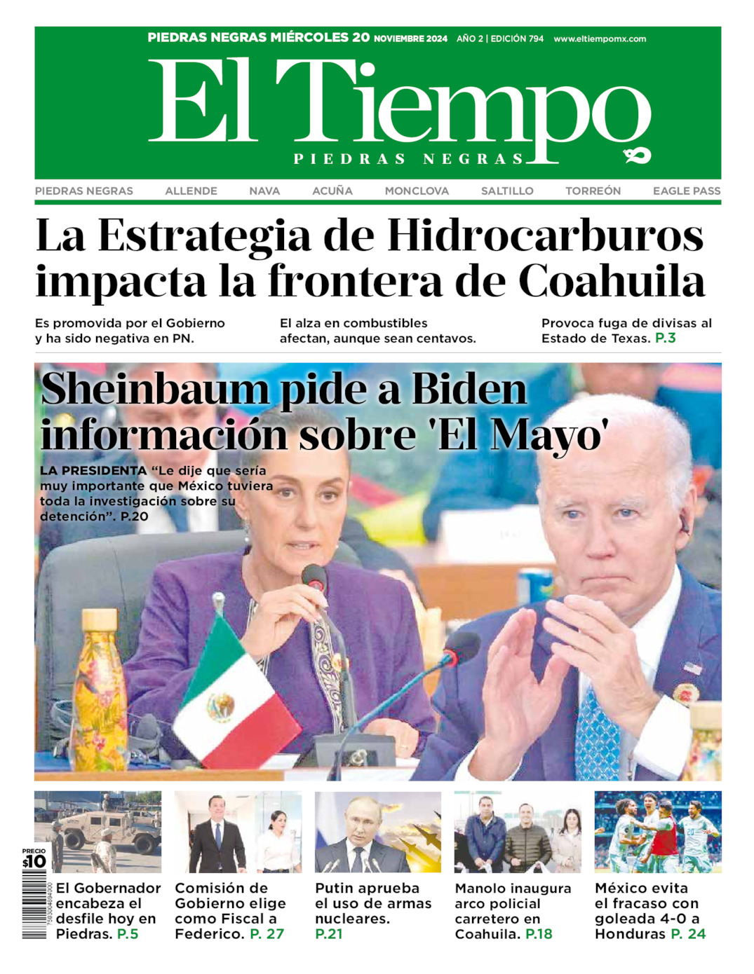 Edición impresa: Portada del miércoles 20 de noviembre de 2024, El Tiempo de <strong>Piedras Negras</strong>