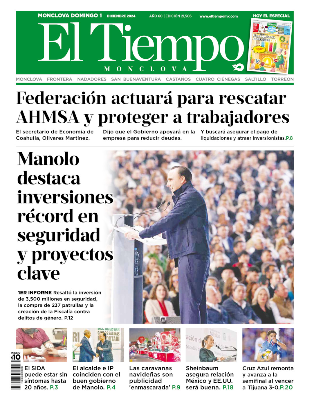 Edición impresa: Portada del domingo 01 de diciembre de 2024, El Tiempo de <strong>Monclova</strong>