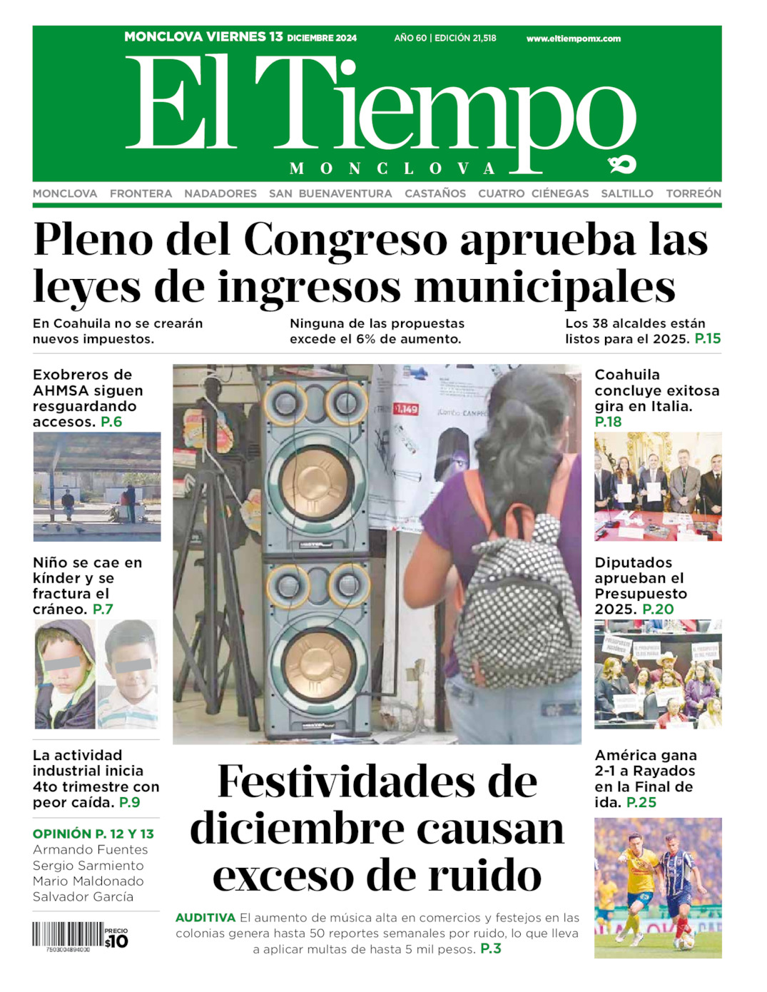 Edición impresa: Portada del viernes 13 de diciembre de 2024, El Tiempo de <strong>Monclova</strong>