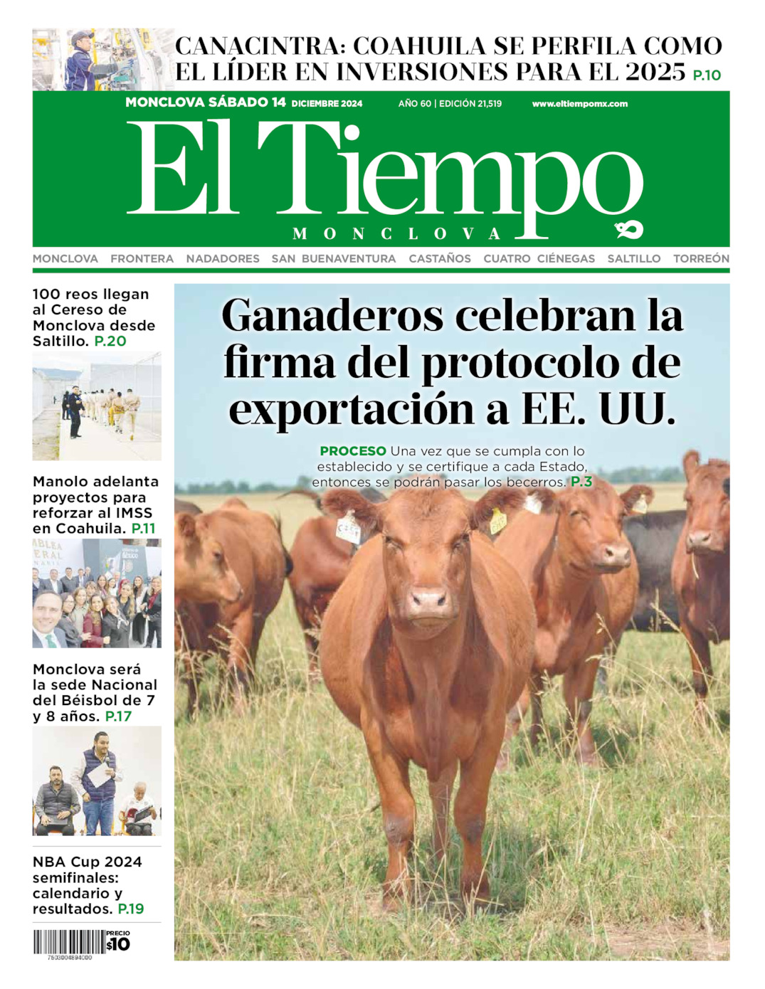 Edición impresa: Portada del sábado 14 de diciembre de 2024, El Tiempo de <strong>Monclova</strong>