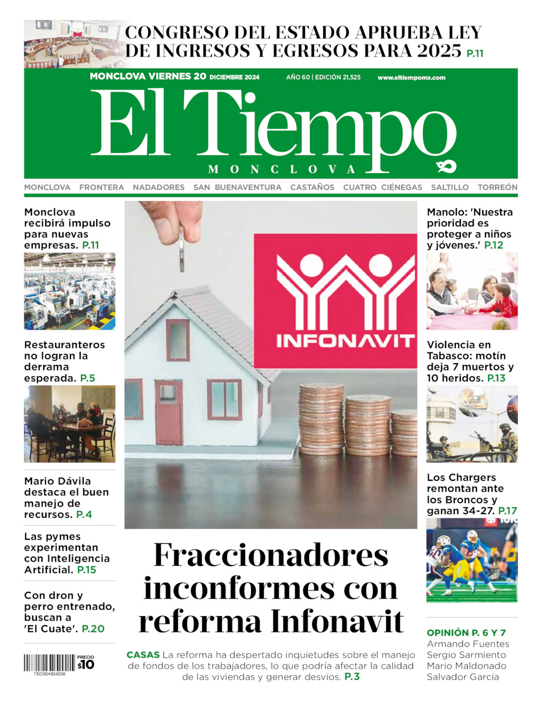 Edición impresa: Portada del viernes 20 de diciembre de 2024, El Tiempo de <strong>Monclova</strong>