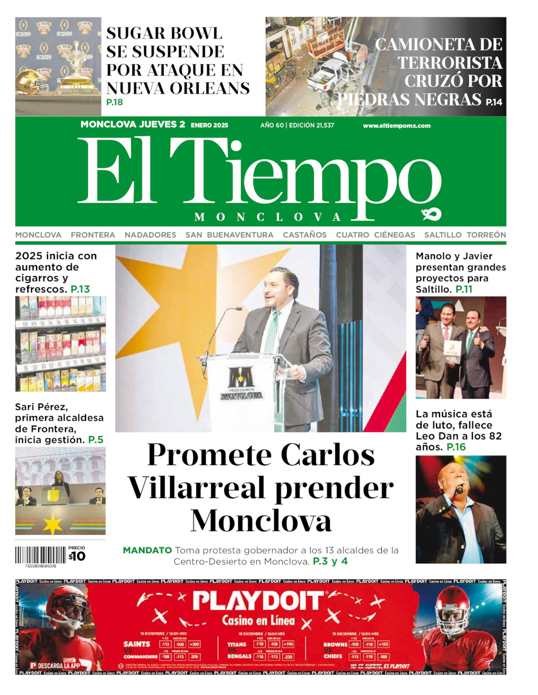 Edición impresa: Portada del jueves 02 de enero de 2025, El Tiempo de <strong>Monclova</strong>