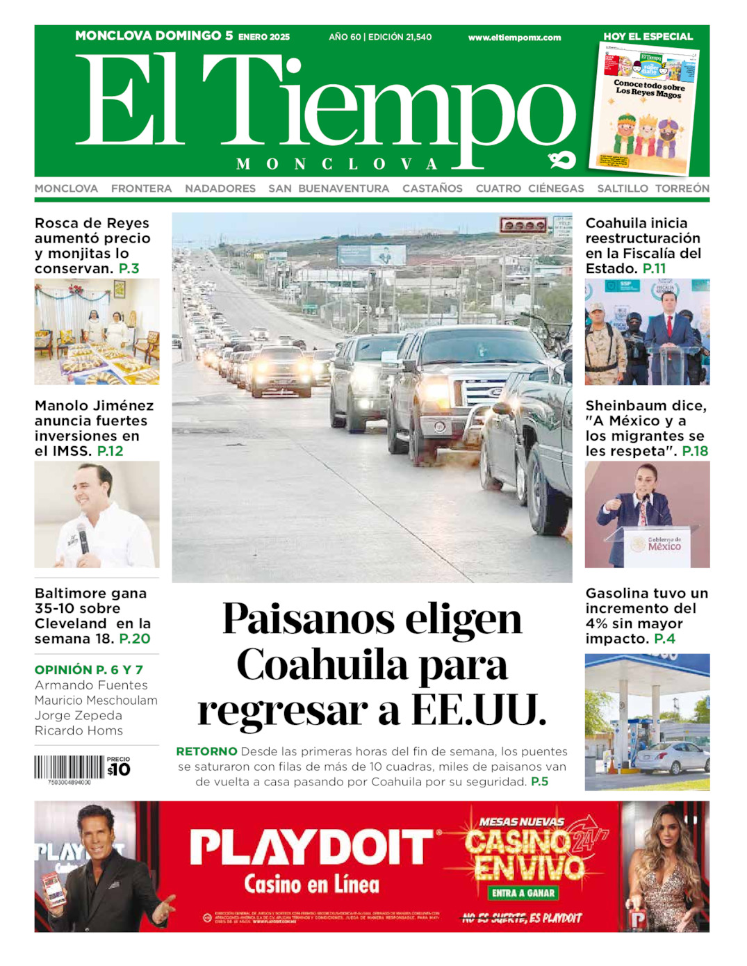 Edición impresa: Portada del domingo 05 de enero de 2025, El Tiempo de <strong>Monclova</strong>