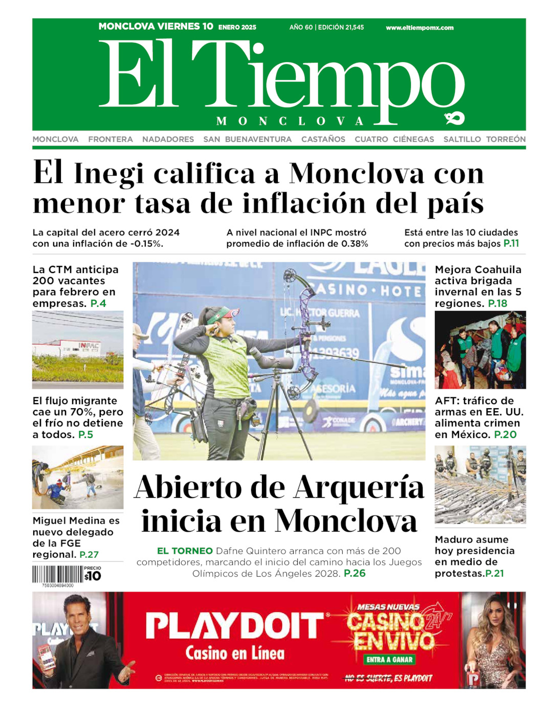 Edición impresa: Portada del viernes 10 de enero de 2025, El Tiempo de <strong>Monclova</strong>