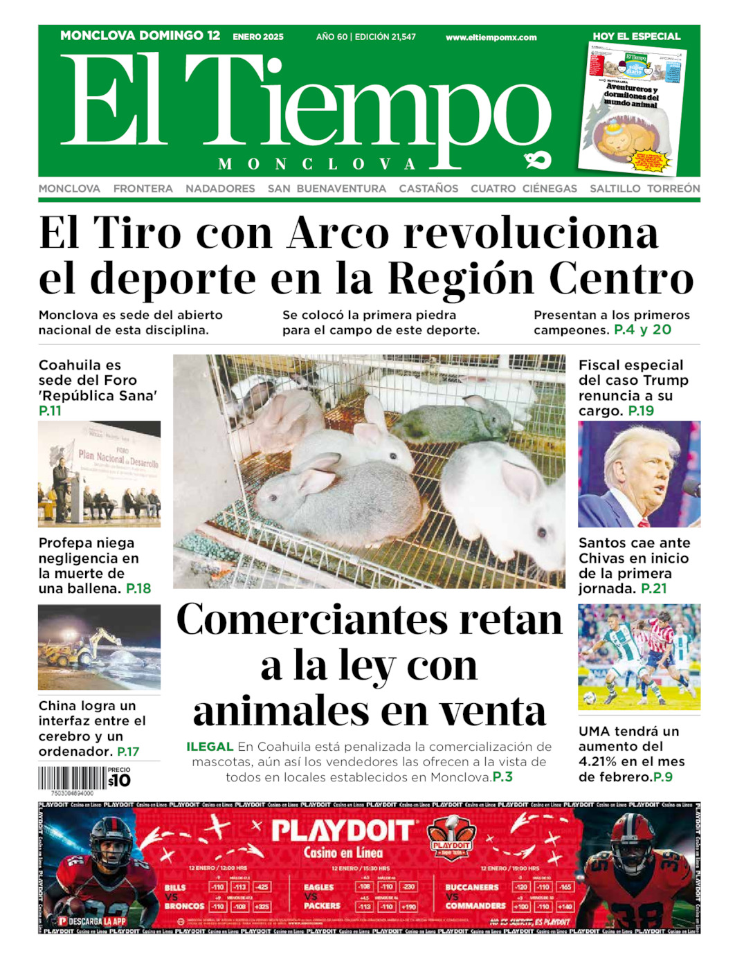 Edición impresa: Portada del domingo 12 de enero de 2025, El Tiempo de <strong>Monclova</strong>