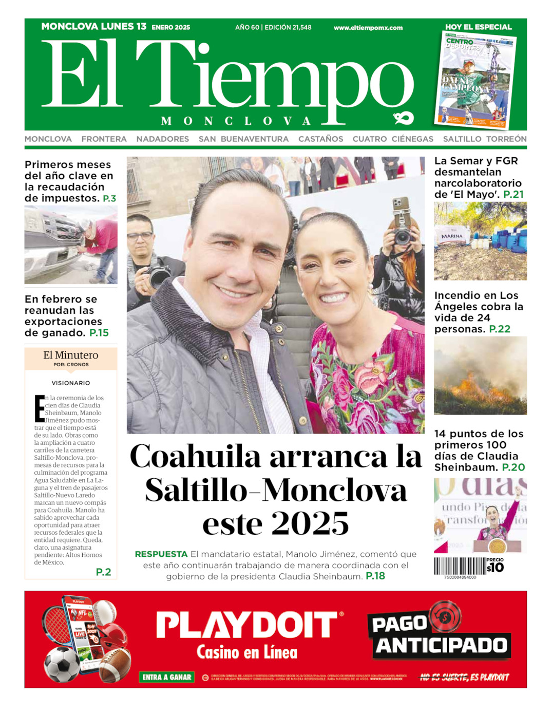 Edición impresa: Portada del lunes 13 de enero de 2025, El Tiempo de <strong>Monclova</strong>