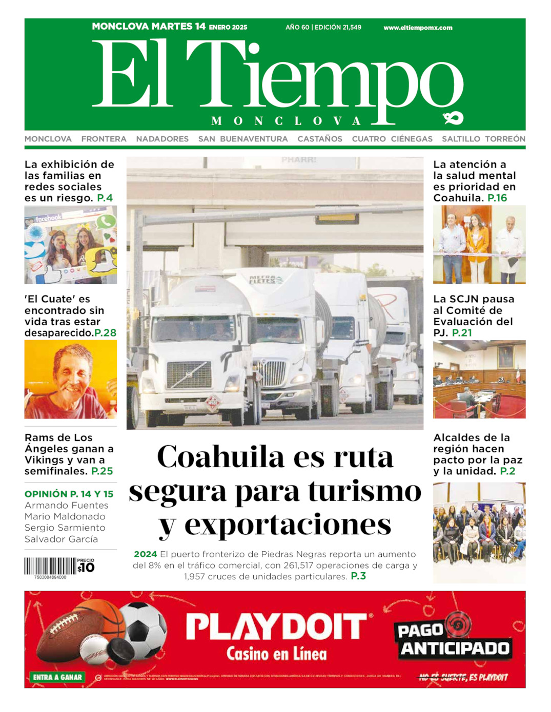 Edición impresa: Portada del martes 14 de enero de 2025, El Tiempo de <strong>Monclova</strong>