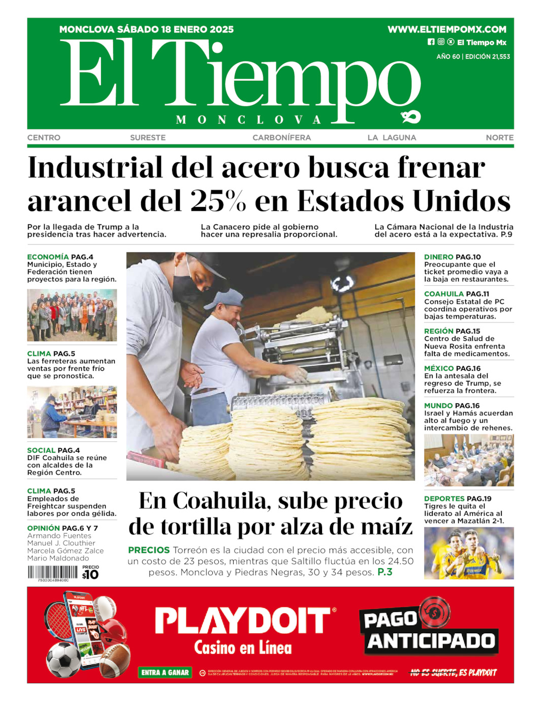 Edición impresa: Portada del sábado 18 de enero de 2025, El Tiempo de <strong>Monclova</strong>