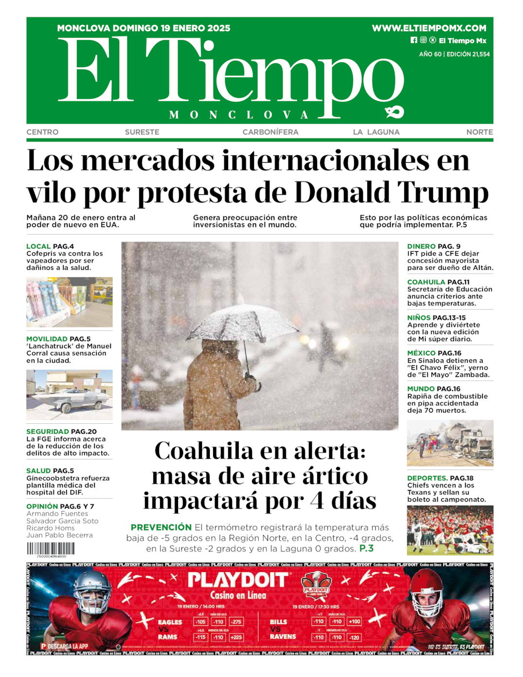 Edición impresa: Portada del domingo 19 de enero de 2025, El Tiempo de <strong>Monclova</strong>