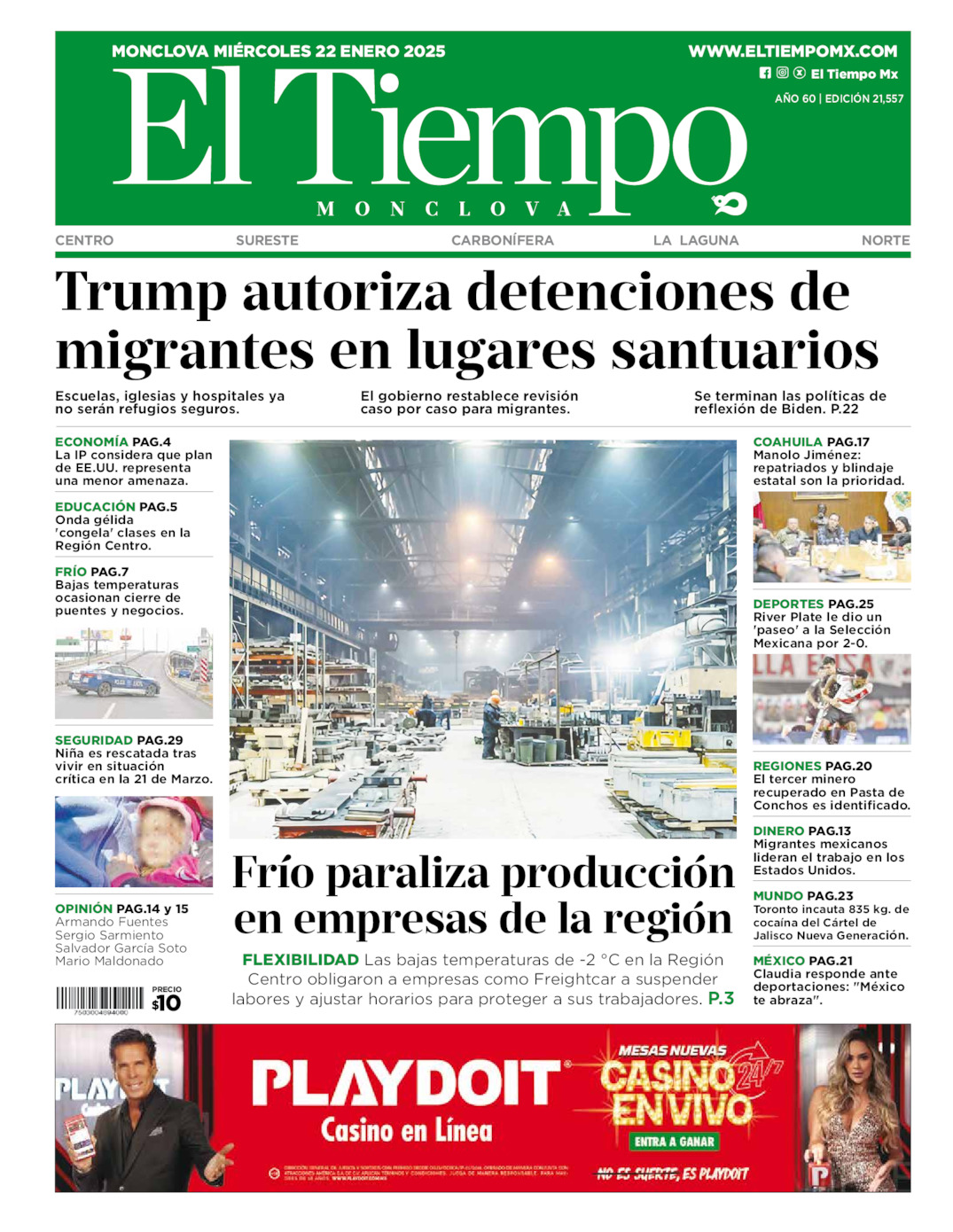 Edición impresa: Portada del miércoles 22 de enero de 2025, El Tiempo de <strong>Monclova</strong>