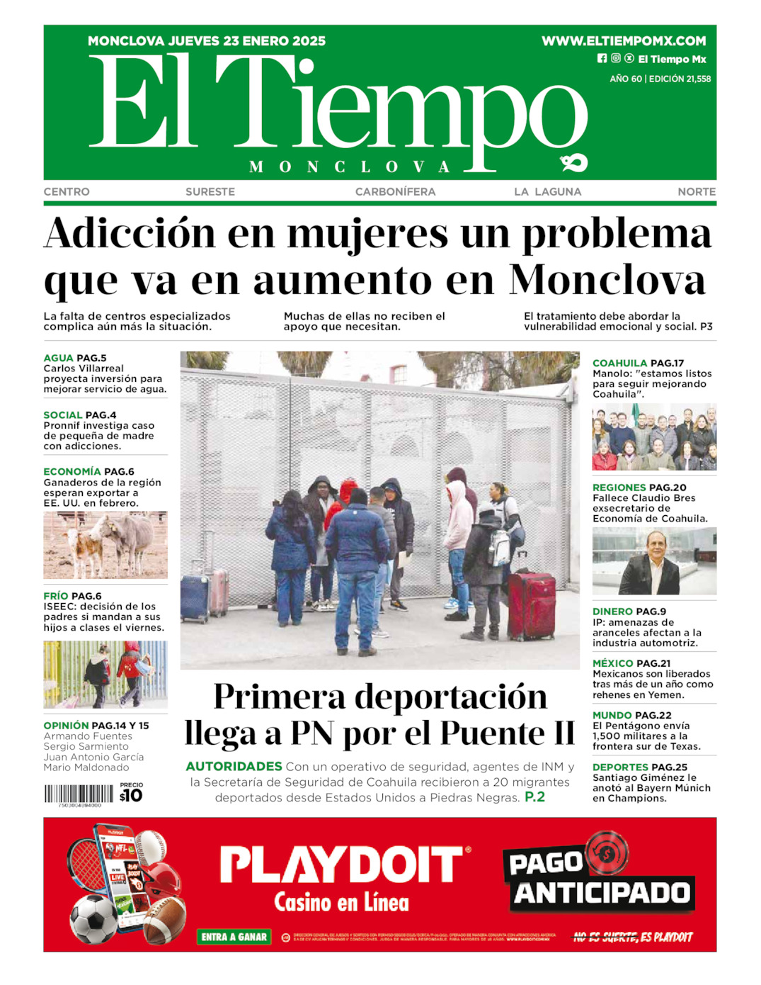 Edición impresa: Portada del jueves 23 de enero de 2025, El Tiempo de <strong>Monclova</strong>