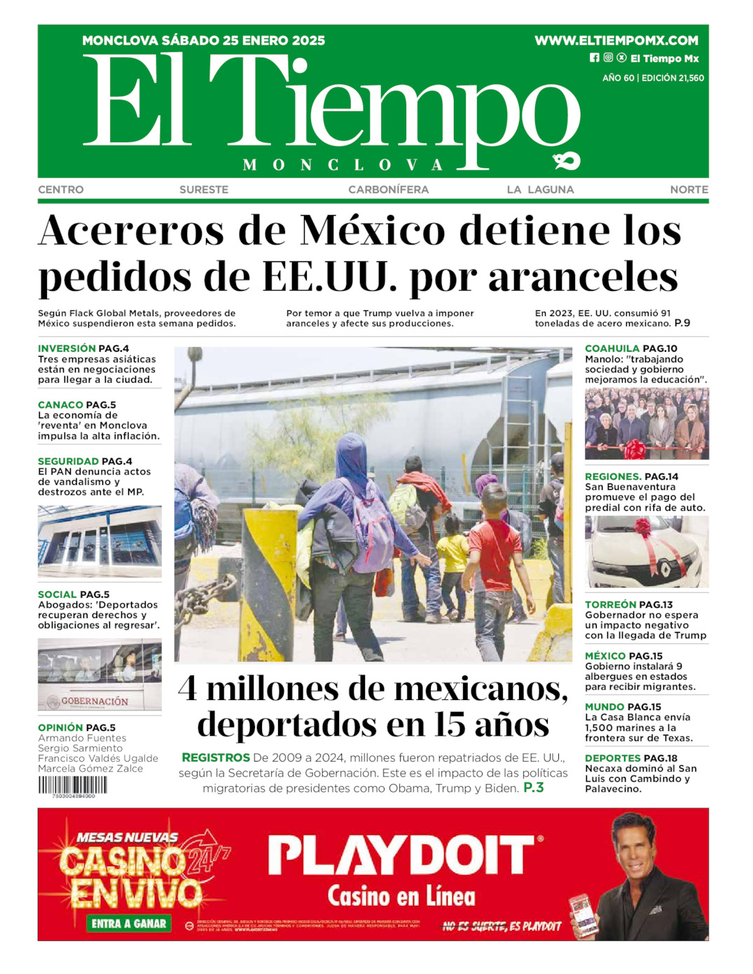 Edición impresa: Portada del sábado 25 de enero de 2025, El Tiempo de <strong>Monclova</strong>