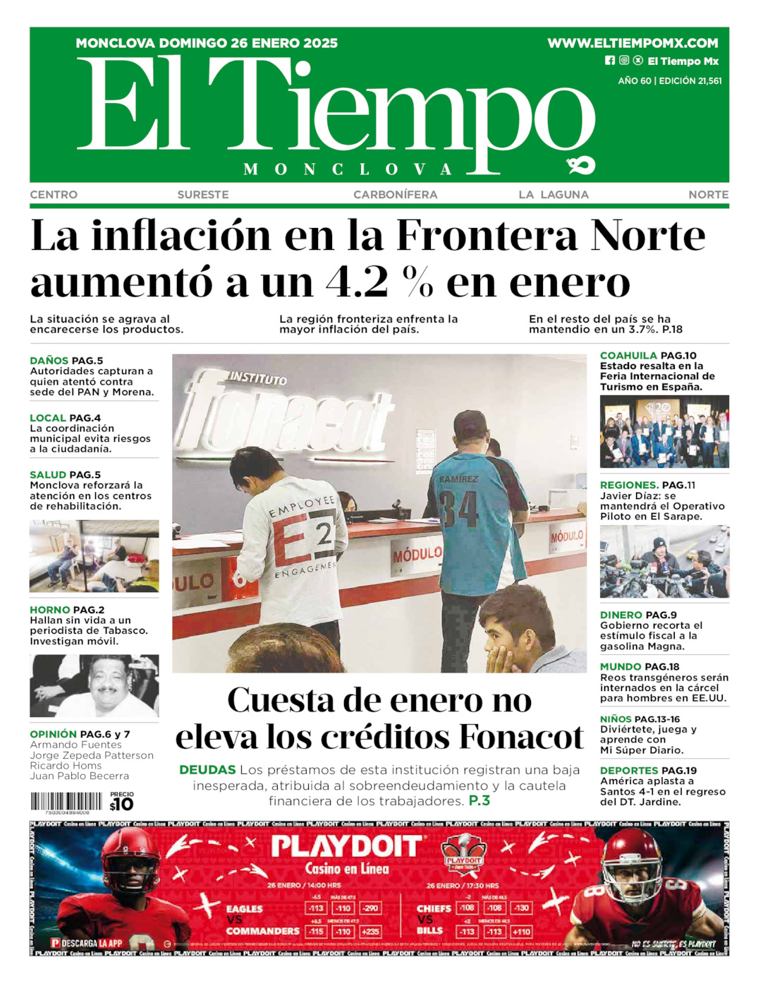 Edición impresa: Portada del domingo 26 de enero de 2025, El Tiempo de <strong>Monclova</strong>