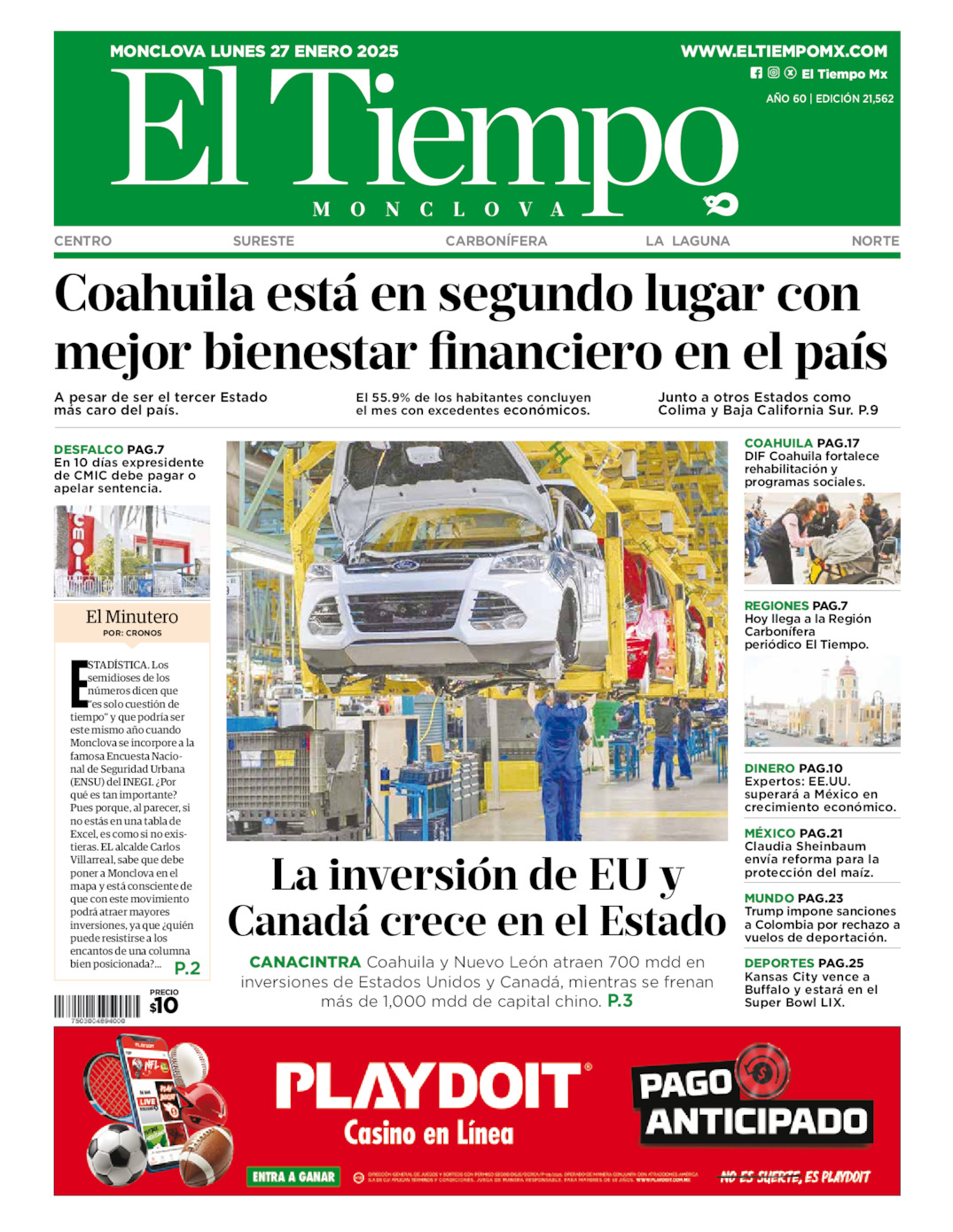 Edición impresa: Portada del lunes 27 de enero de 2025, El Tiempo de <strong>Monclova</strong>