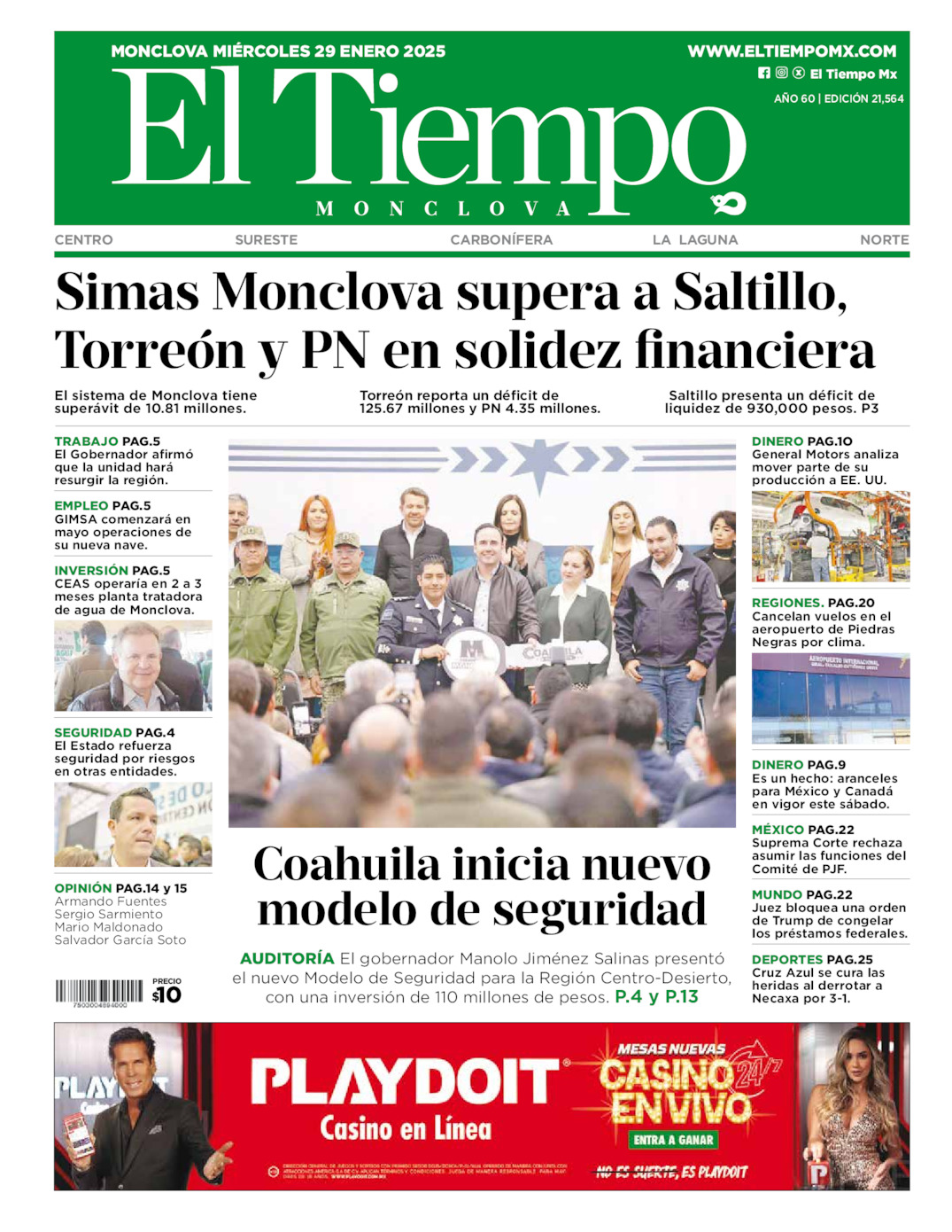 Edición impresa: Portada del miércoles 29 de enero de 2025, El Tiempo de <strong>Monclova</strong>