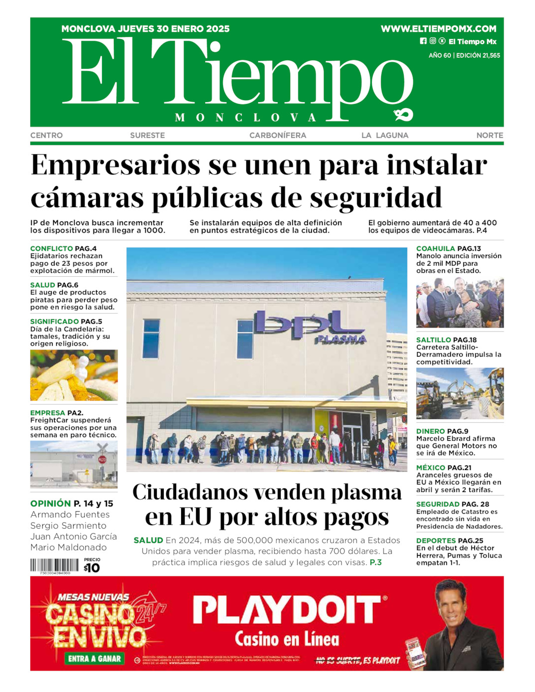 Edición impresa: Portada del jueves 30 de enero de 2025, El Tiempo de <strong>Monclova</strong>