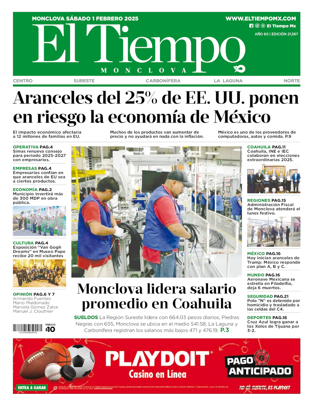 Edición impresa: Portada del sábado 01 de febrero de 2025, El Tiempo de <strong>Monclova</strong>