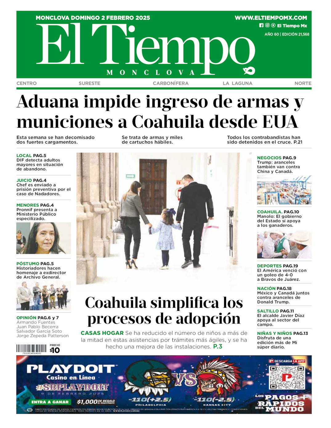 Edición impresa: Portada del domingo 02 de febrero de 2025, El Tiempo de <strong>Monclova</strong>