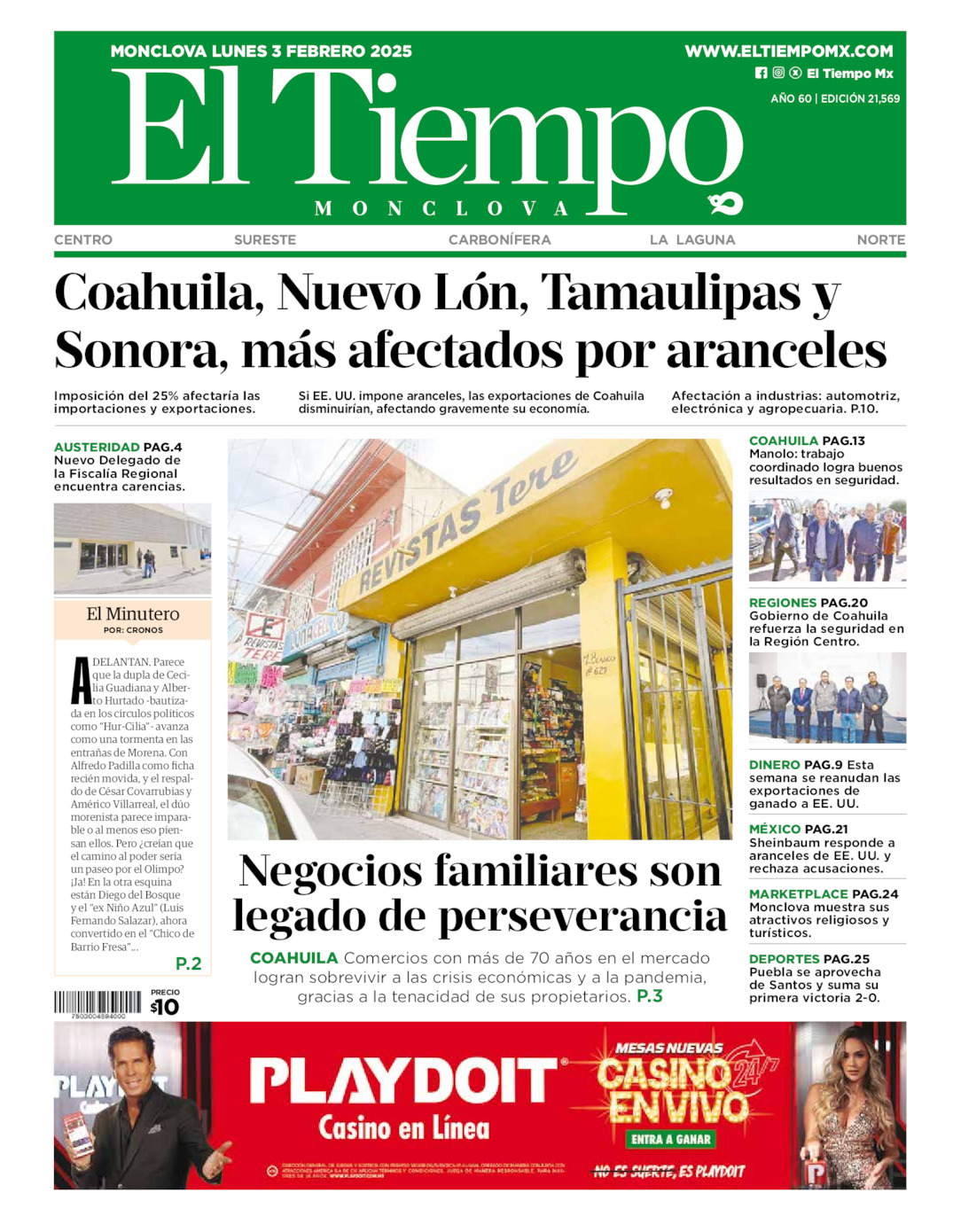 Edición impresa: Portada del lunes 03 de febrero de 2025, El Tiempo de <strong>Monclova</strong>