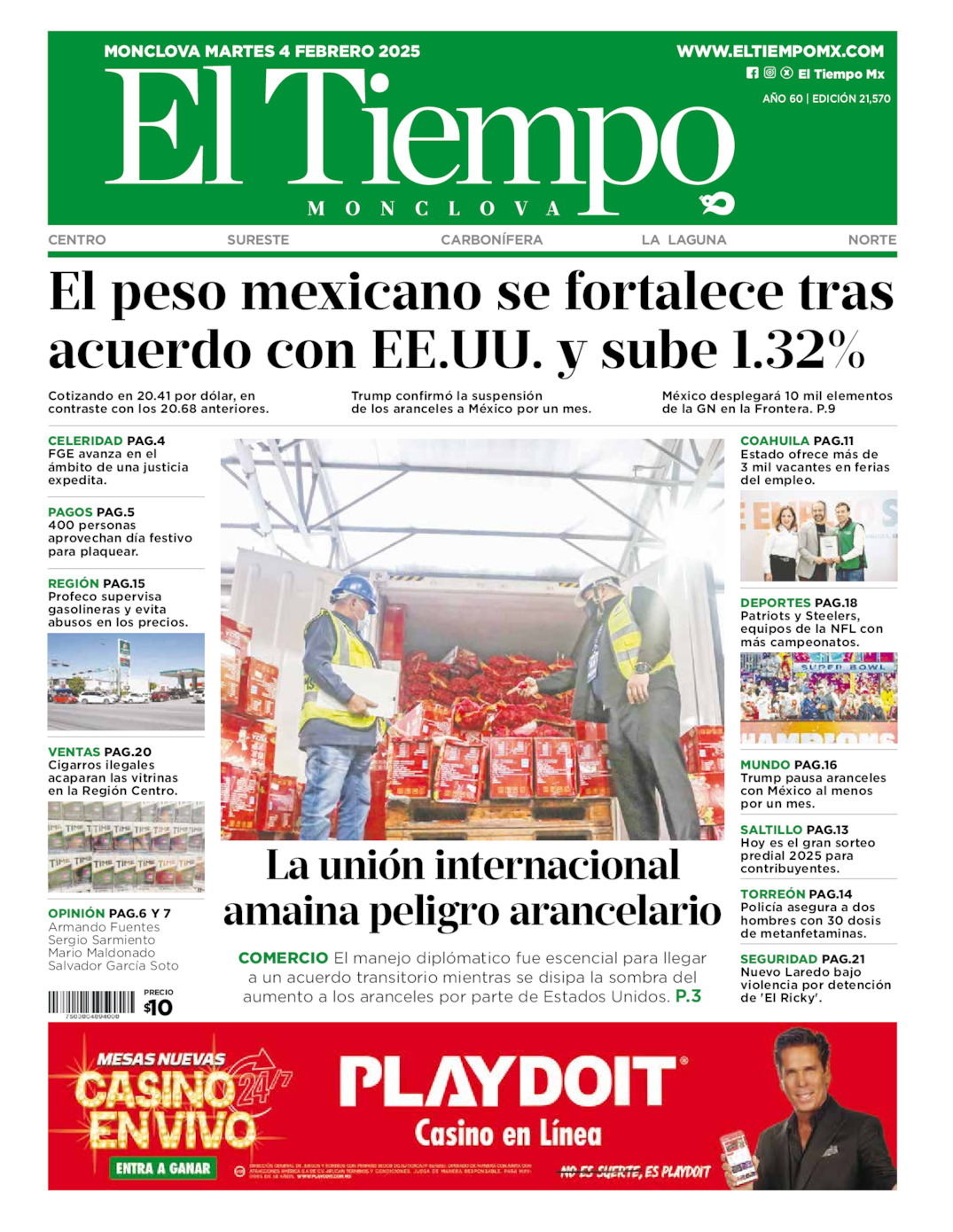 Edición impresa: Portada del martes 04 de febrero de 2025, El Tiempo de <strong>Monclova</strong>