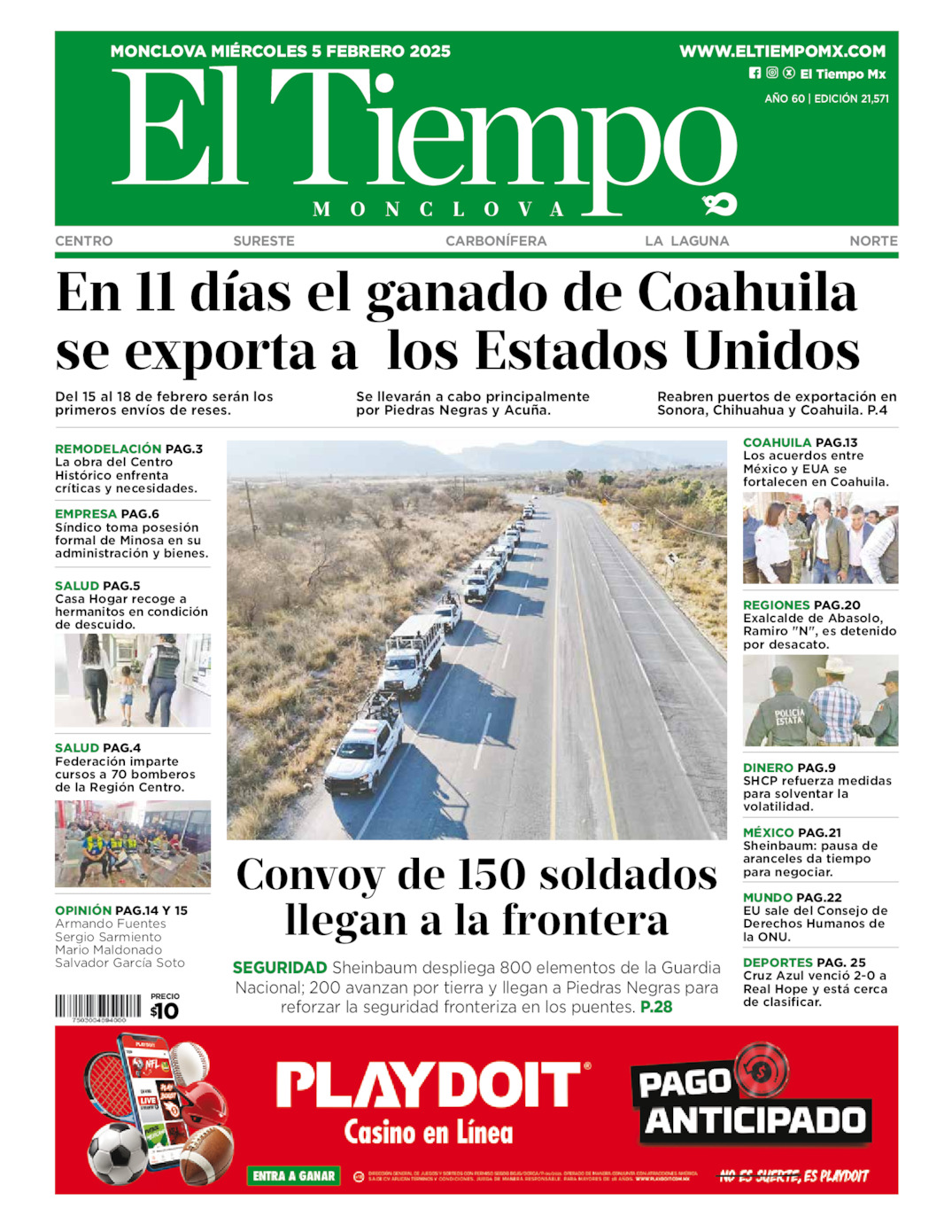 Edición impresa: Portada del miércoles 05 de febrero de 2025, El Tiempo de <strong>Monclova</strong>