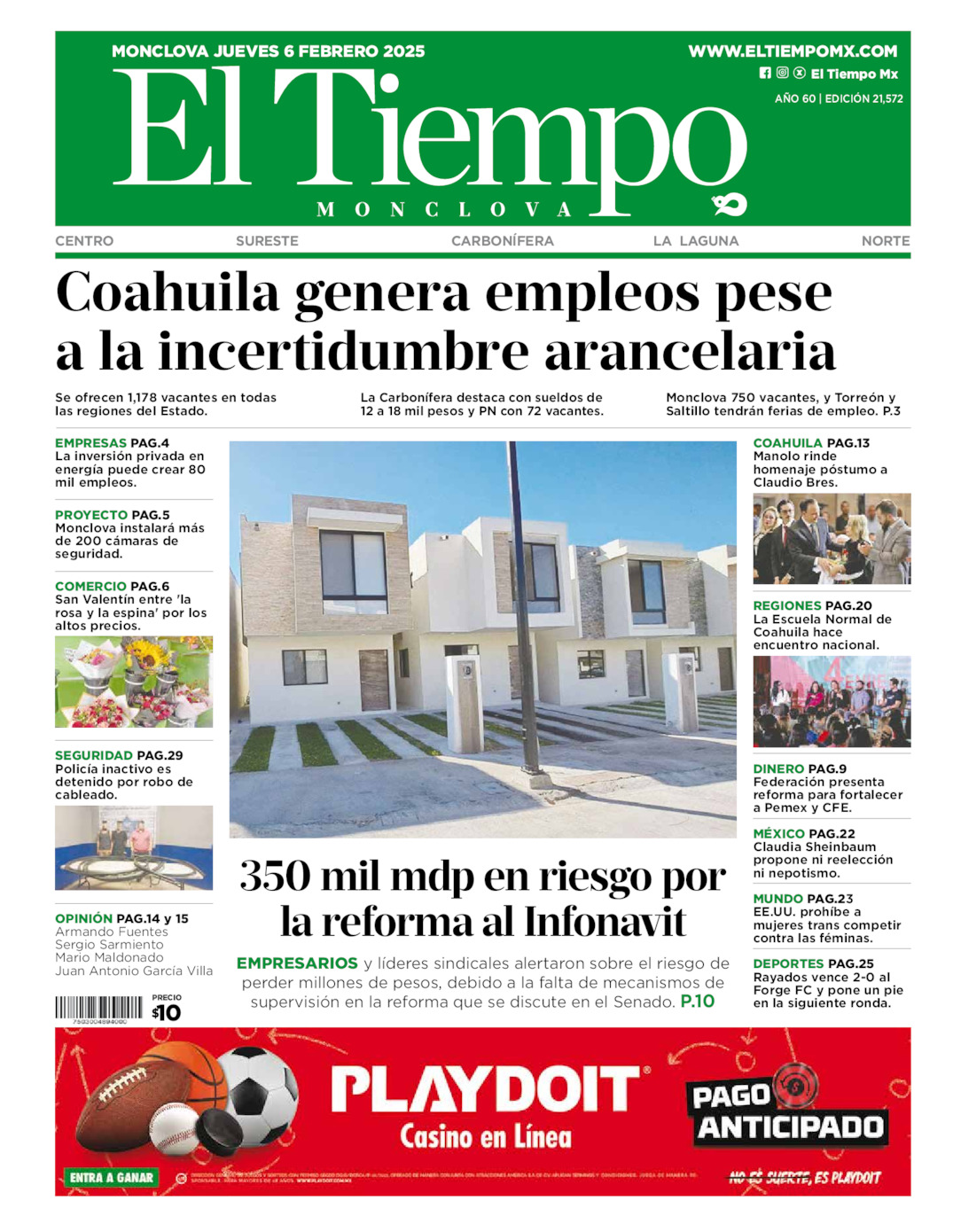 Edición impresa: Portada del jueves 06 de febrero de 2025, El Tiempo de <strong>Monclova</strong>