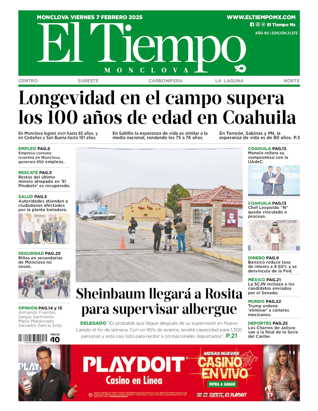 Edición impresa: Portada del viernes 07 de febrero de 2025, El Tiempo de <strong>Monclova</strong>