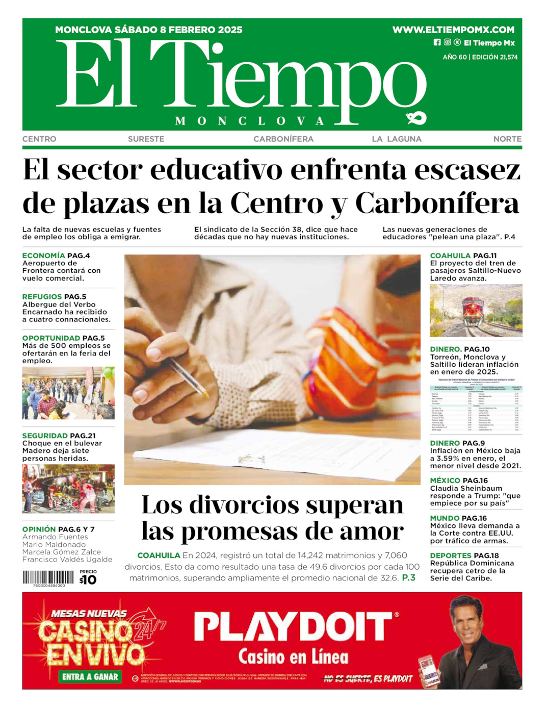 Edición impresa: Portada del sábado 08 de febrero de 2025, El Tiempo de <strong>Monclova</strong>