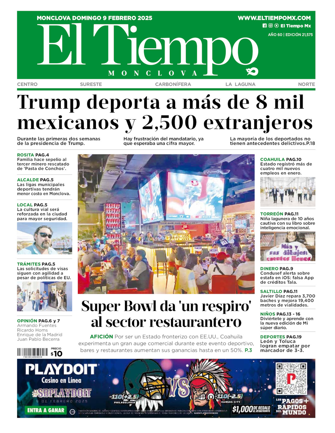 Edición impresa: Portada del domingo 09 de febrero de 2025, El Tiempo de <strong>Monclova</strong>