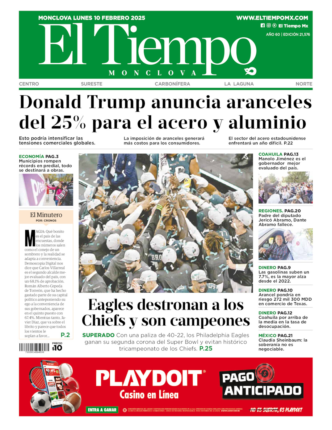 Edición impresa: Portada del lunes 10 de febrero de 2025, El Tiempo de <strong>Monclova</strong>