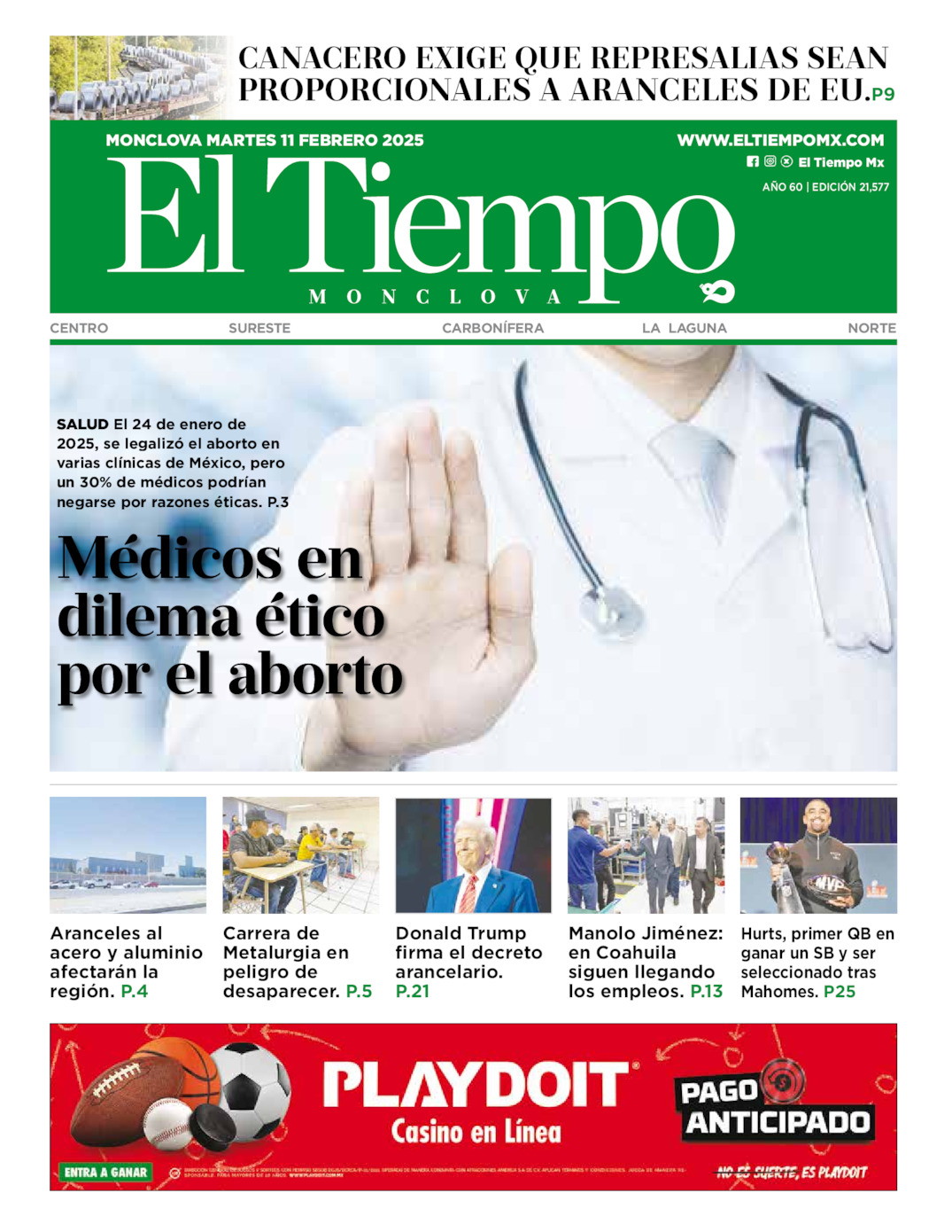 Edición impresa: Portada del martes 11 de febrero de 2025, El Tiempo de <strong>Monclova</strong>