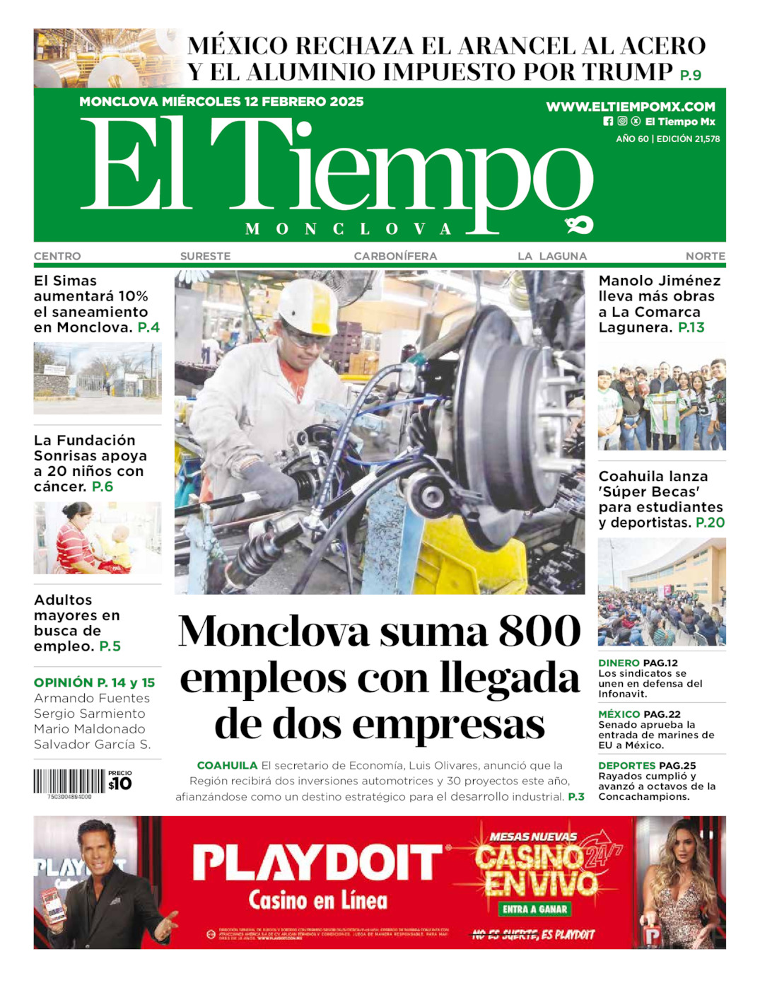 Edición impresa: Portada del miércoles 12 de febrero de 2025, El Tiempo de <strong>Monclova</strong>