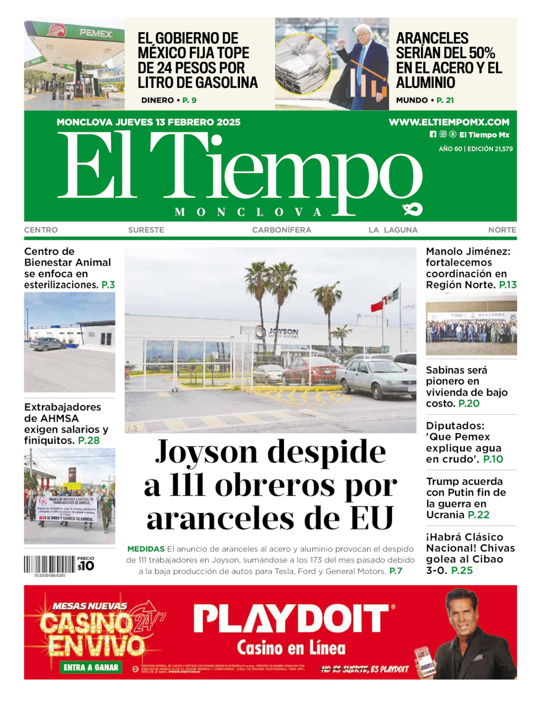 Edición impresa: Portada del jueves 13 de febrero de 2025, El Tiempo de <strong>Monclova</strong>