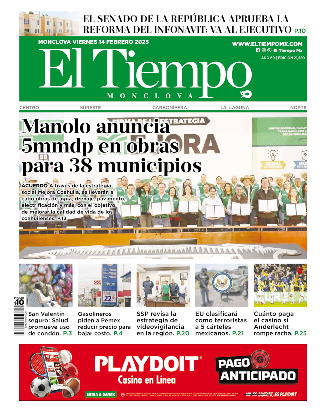 Edición impresa: Portada del viernes 14 de febrero de 2025, El Tiempo de <strong>Monclova</strong>