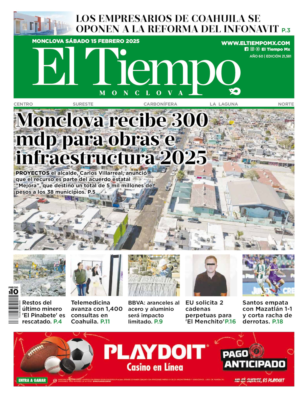 Edición impresa: Portada del sábado 15 de febrero de 2025, El Tiempo de <strong>Monclova</strong>