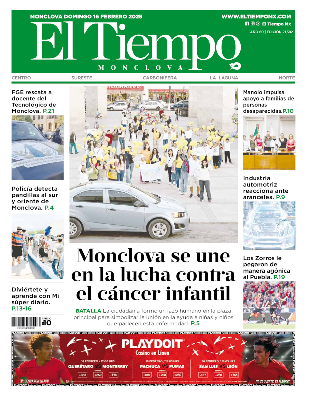 Edición impresa: Portada del domingo 16 de febrero de 2025, El Tiempo de <strong>Monclova</strong>