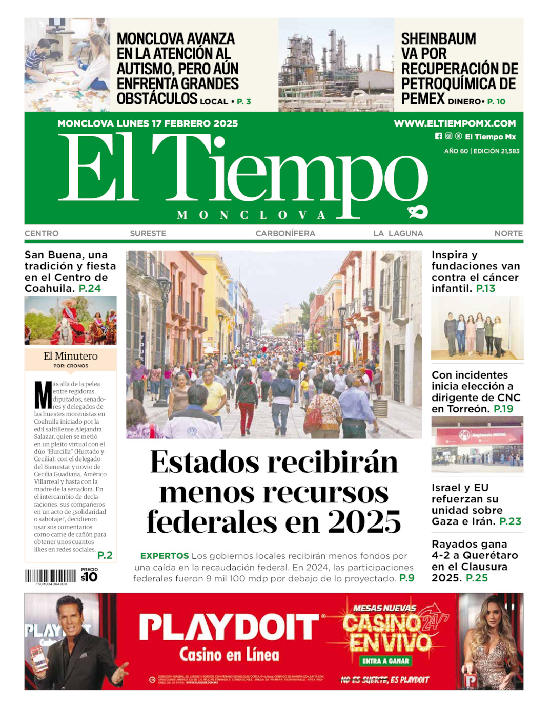 Edición impresa: Portada del lunes 17 de febrero de 2025, El Tiempo de <strong>Monclova</strong>