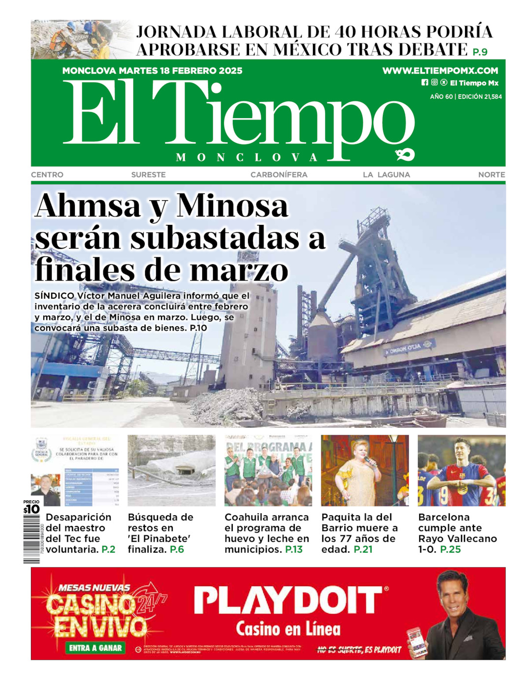 Edición impresa: Portada del martes 18 de febrero de 2025, El Tiempo de <strong>Monclova</strong>