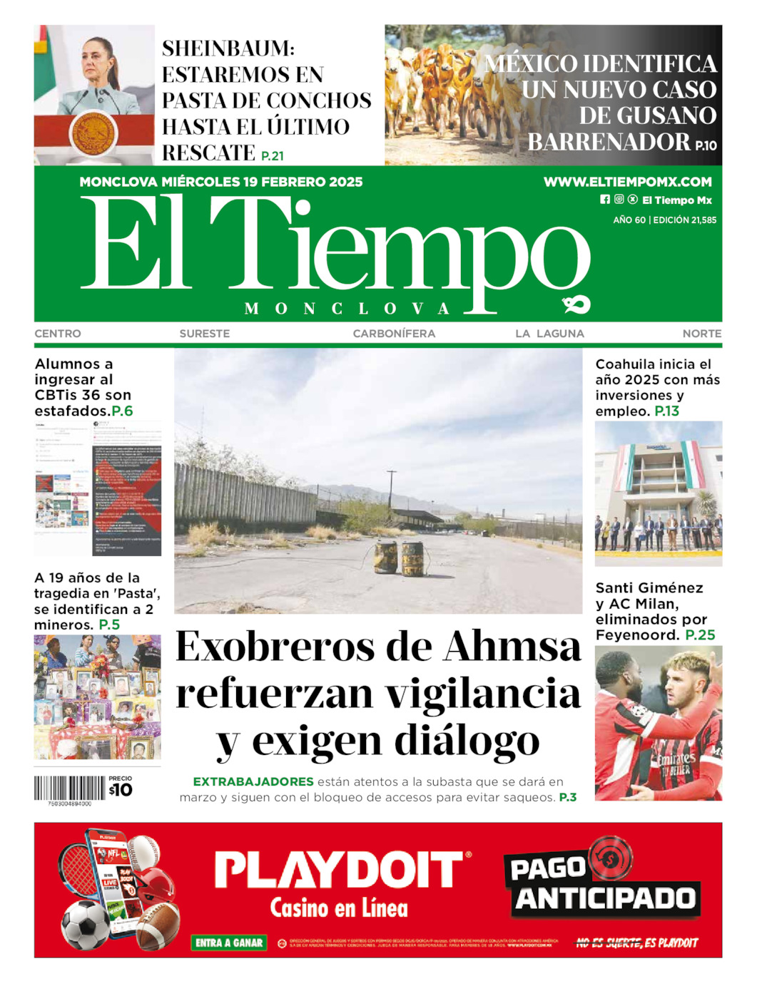 Edición impresa: Portada del miércoles 19 de febrero de 2025, El Tiempo de <strong>Monclova</strong>