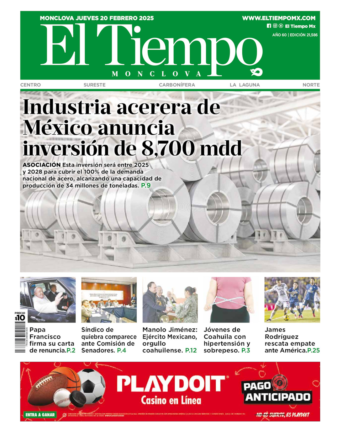 Edición impresa: Portada del jueves 20 de febrero de 2025, El Tiempo de <strong>Monclova</strong>