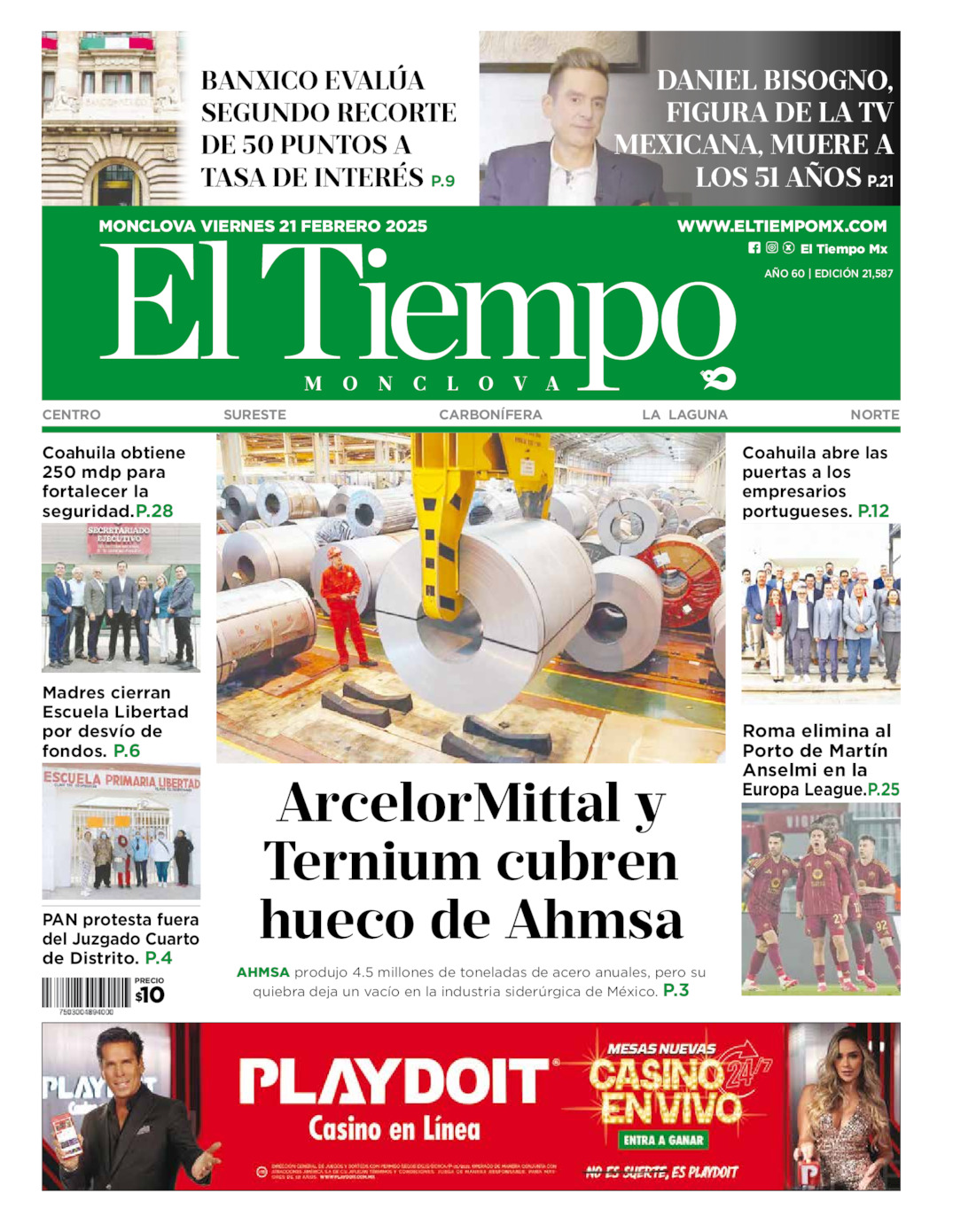 Edición impresa: Portada del viernes 21 de febrero de 2025, El Tiempo de <strong>Monclova</strong>