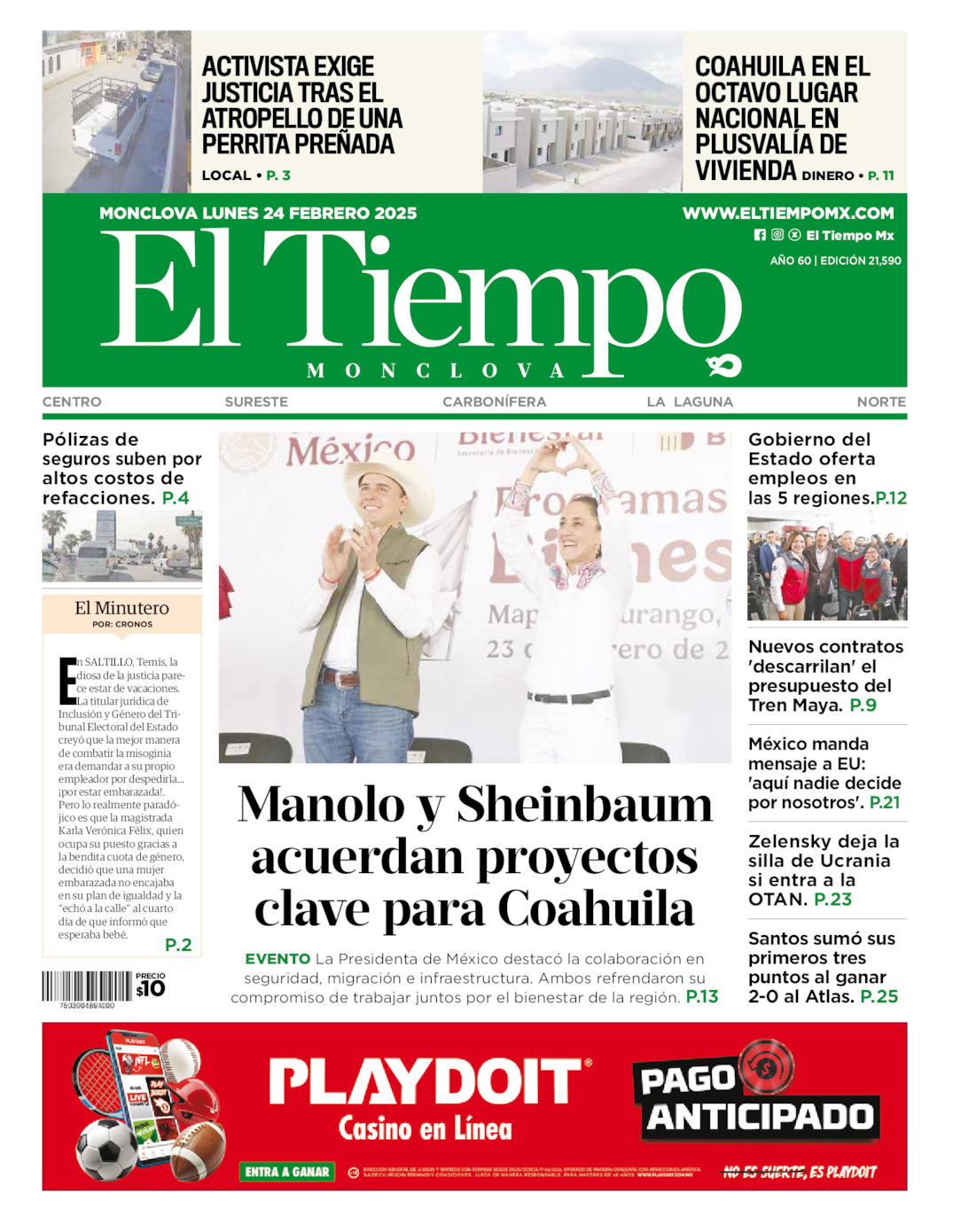 Edición impresa: Portada del lunes 24 de febrero de 2025, El Tiempo de <strong>Monclova</strong>