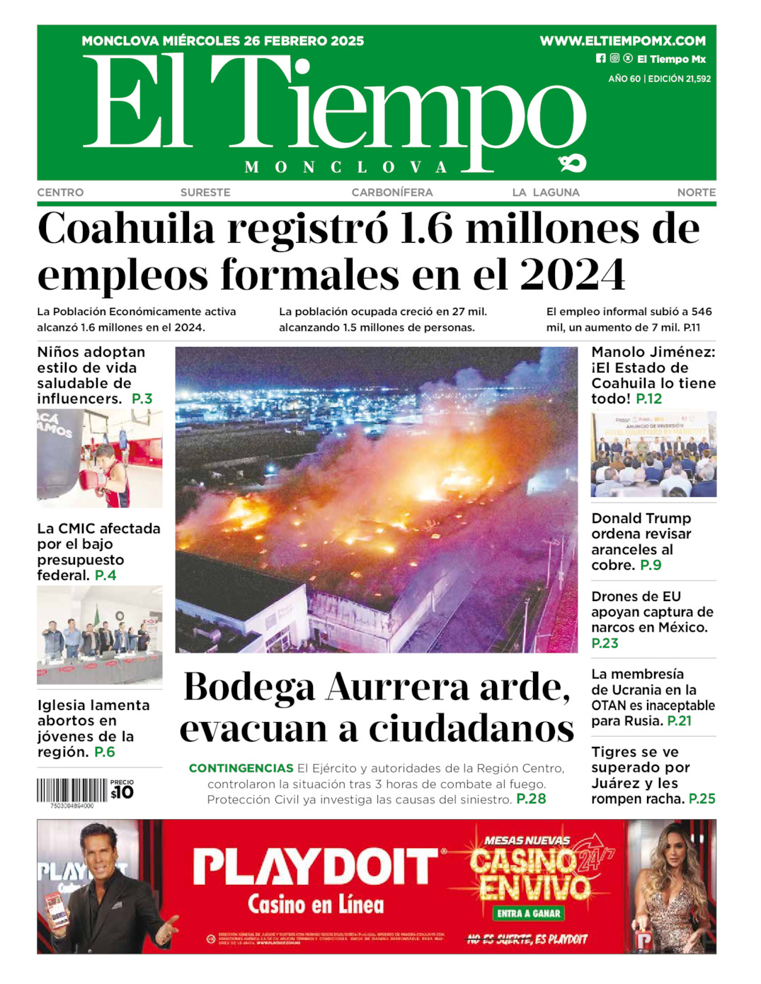 Edición impresa: Portada del miércoles 26 de febrero de 2025, El Tiempo de <strong>Monclova</strong>